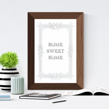 Plakat Home sweet home 159 - Wzór graficzny. Ramka z brązowego drewna, tekst w kolorze szarym, ozdobne elementy