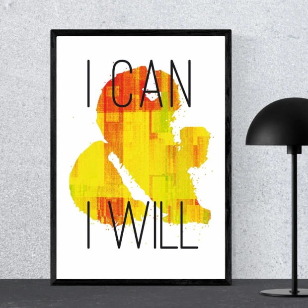 Plakat I can & I will 152 - Wzór graficzny. Kolorowe plamy w żółtym i pomarańczowym, duże litery w czerni