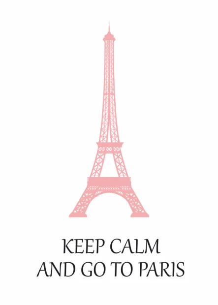 Plakat z różową Wieżą Eiffla oraz czarnym napisem Keep calm and go to Paris na białym tle, pokazany jako wizualizacja