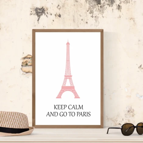 Plakat Keep calm and go to Paris 155 - Wzór graficzny. Różowa wieża Eiffla na białym tle z napisem