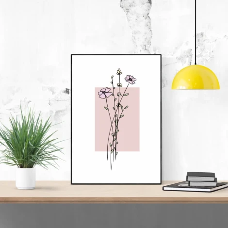 Plakat kwiaty 168 w nowoczesnym salonie, z delikatnym różowym tłem i minimalistycznym rysunkiem, dod