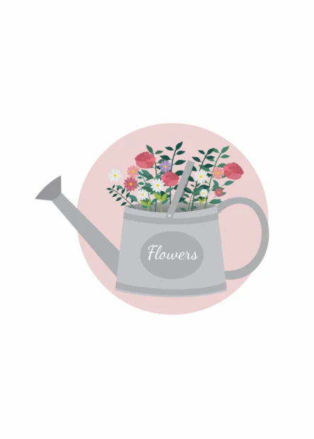 Plakat kwiaty w konewce 170 - Wzór graficzny. Konewka z kwiatami na różowym tle, z napisem Flowers