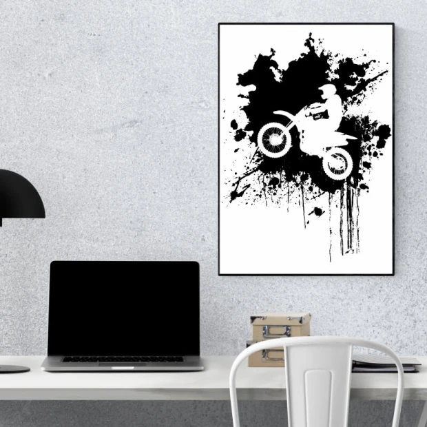 Plakat motocross 189 - Wzór graficzny. Motyw motocyklisty na tle plam czerni i bieli