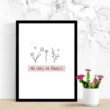 Plakat No rain no flowers 169 - Wzór graficzny. Na białym tle znajdują się rysunki kwiatów oraz napis