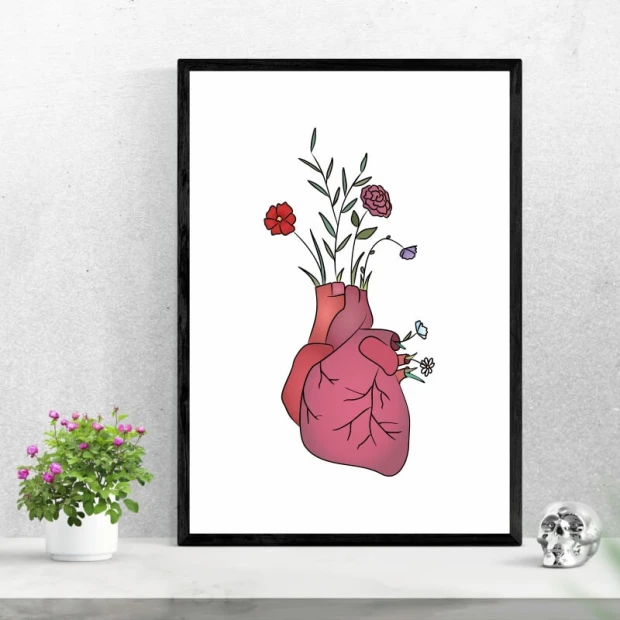 Plakat serce kwiaty 172 - Wzór graficzny. Serce z kwiatami, różne kolory, rośliny wchodzące z wnętrza serca
