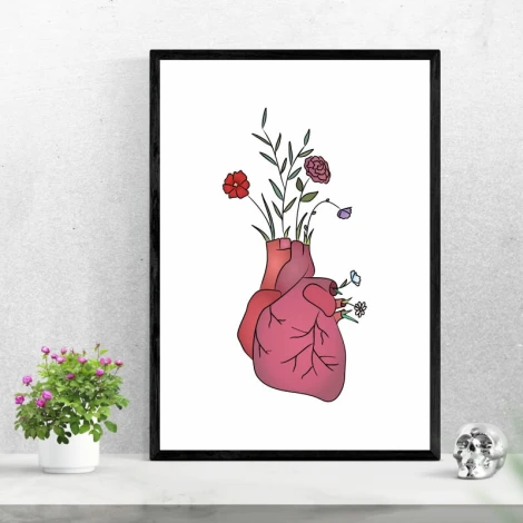 Plakat serce kwiaty 172 - Wzór graficzny. Serce z kwiatami, różne kolory, rośliny wchodzące z wnętrza serca