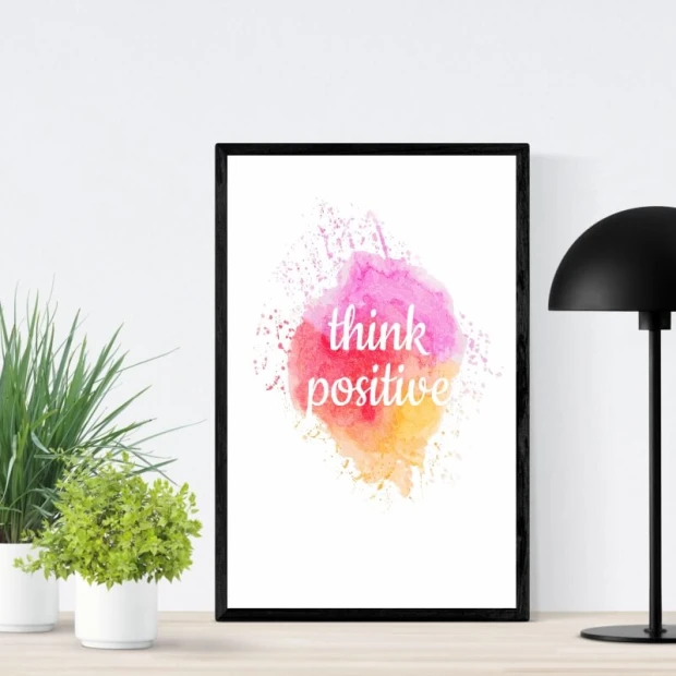 Plakat Think positive 145 - Wzór graficzny. Kolorowe plamy w odcieniach różu i pomarańczy z napisem think positive