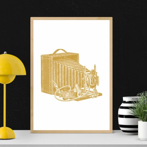 Plakat aparat fotograficzny 204 - Wzór graficzny. Przedstawia aparat fotograficzny w stylu retro na białym tle