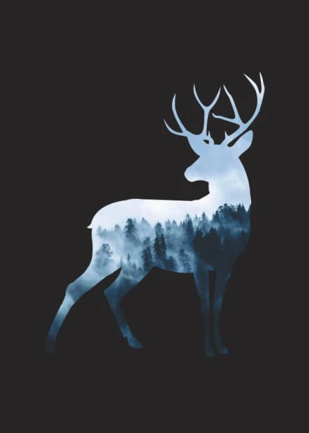 Plakat jeleń 226 - Wzór graficzny. Silhouette jelenia wypełniona leśnym krajobrazem w odcieniach niebieskiego
