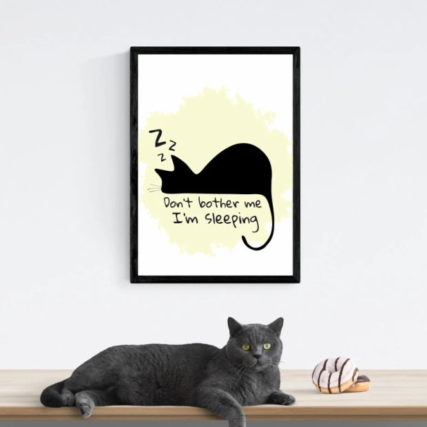 Plakat w czarnej ramie z grafiką śpiącego kota i angielskim napisem Don\'t bother me I\'m sleeping