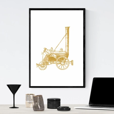 Plakat lokomotywa 202 - Wzór graficzny. Grafika przedstawia lokomotywę w kolorze złotym na białym tle