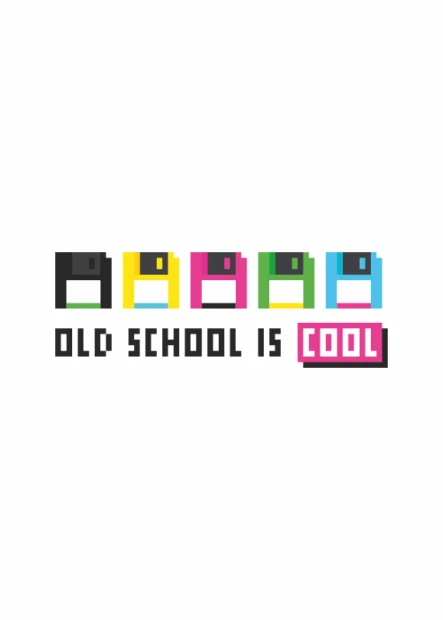 Plakat Old school is cool 225 - Wzór graficzny. Elementy w formie kolorowych dyskietek oraz tekst w różnych kolorach