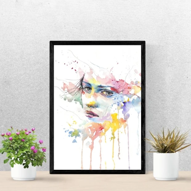 Plakat portret 222 - Wzór graficzny. Twarz z akwarelowymi plamami w kolorach różowym, niebieskim i żółtym