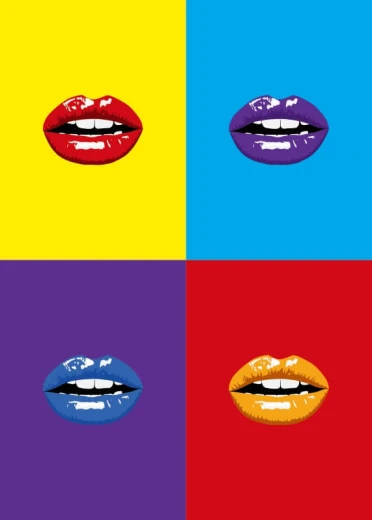 Plakat usta 194 - Wzór graficzny. Cztery usta w różnych kolorach na tle w kontrastowych barwach
