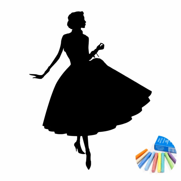 Naklejka kredowa w kształcie sylwetki kobiety w rozkloszowanej sukni, pokazana na białym tle z zestawem kredy