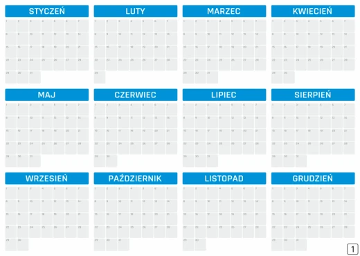 Kalendarz roczny suchościeralny uniwersalny 459 - Wzór graficzny. Prosty układ miesięcy z siatką dni w białym tle