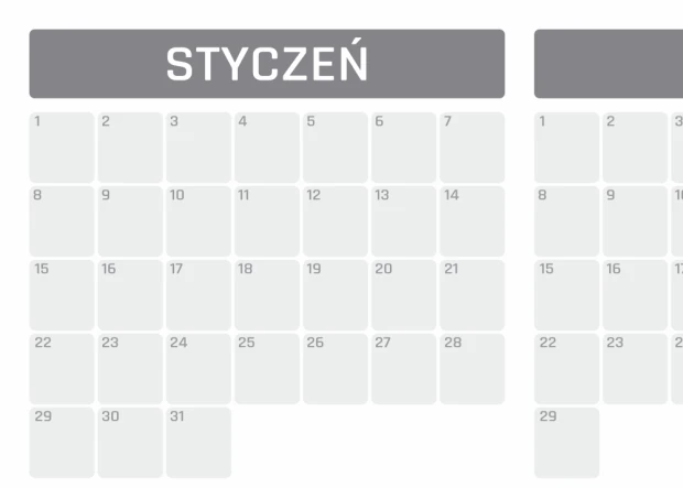 Tablica magnetyczna suchościeralna w zbliżeniu na nadruk kalendarza z szarym nagłówkiem miesiąca Styczeń