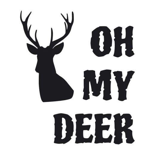 Naklejka z motywem głowy jelenia i napisem OH MY DEER w przykładowym czarnym kolorze na białym tle