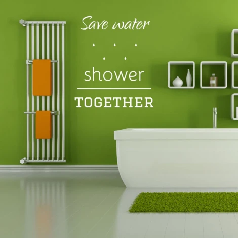 Naklejka na ścianę Save water shower together 2508 - Aranżacja w łazience. Zielone ściany, biały brodzik, szare półki