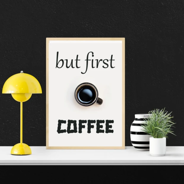 Plakat but first coffee 229 - Aranżacja w kuchni. Ściany w ciemnym kolorze, minimalistyczne meble i dodatki