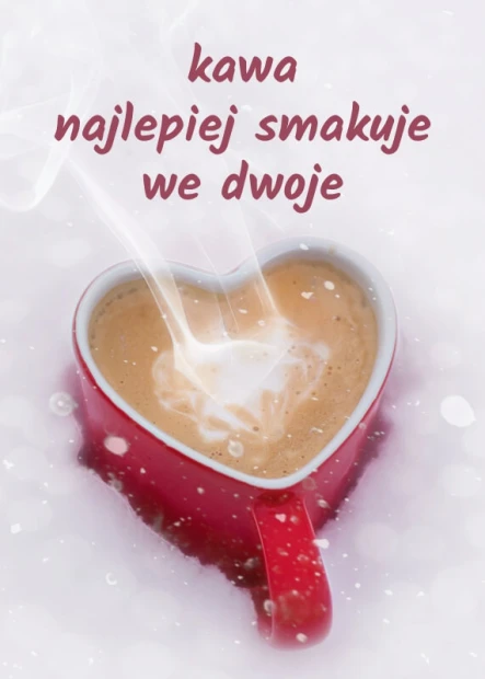 Plakat kawa najlepiej smakuje we dwoje 230 - Wzór graficzny. Serce z filiżanką kawy na białym tle, para unoszących się par