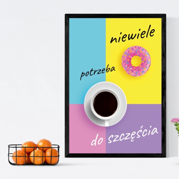 Plakat niewiele potrzeba do szczęścia 231 - Wzór graficzny. Kolorowe tło w czterech częściach z napisem i elementami