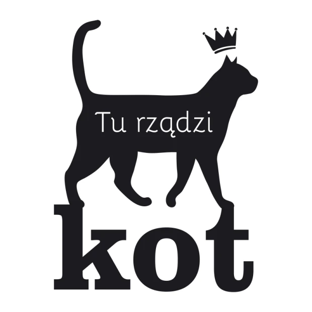 Szablon malarski z kotem w koronie i napisem przedstawiony jako czarna wizualizacja wzoru na białym tle