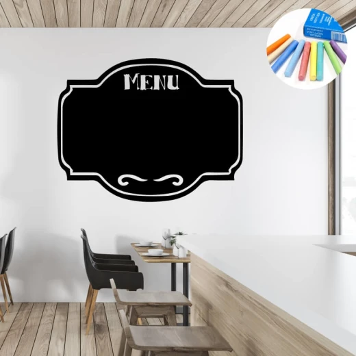 Naklejka kredowa w kształcie ozdobnego szyldu z napisem MENU, naklejona na ścianę
