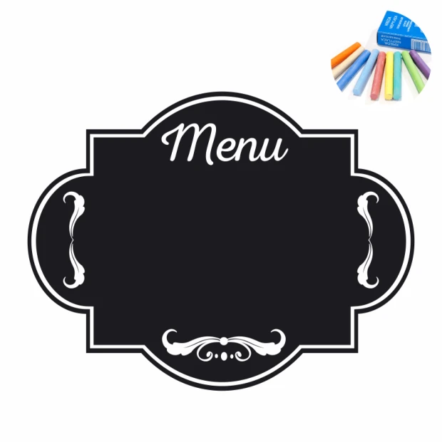 Naklejka kredowa w kształcie ozdobnego szyldu z napisem Menu na białym tle, z grafiką kolorowej kredy w rogu