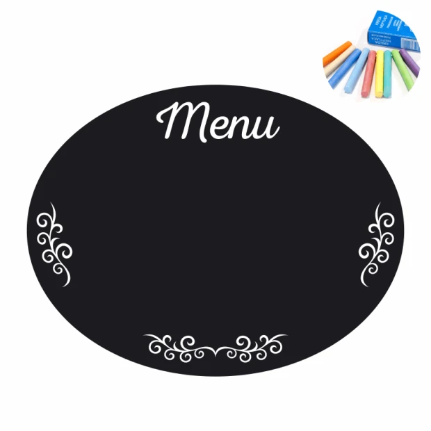 Naklejka kredowa menu 385 - Wzór graficzny. Owalny kształt z napisem Menu i ozdobnymi elementami w rogach