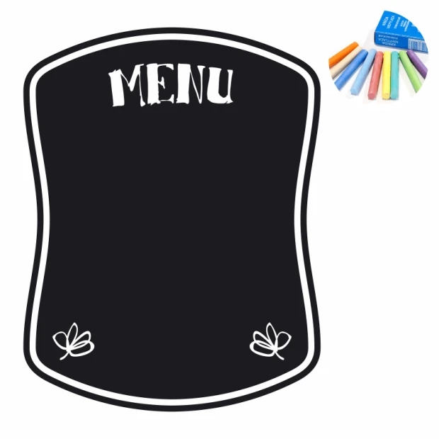 Naklejka kredowa menu 386 - Wzór graficzny. Prosta forma z napisem MENU oraz dwoma motywami roślinnymi w dolnych rogach