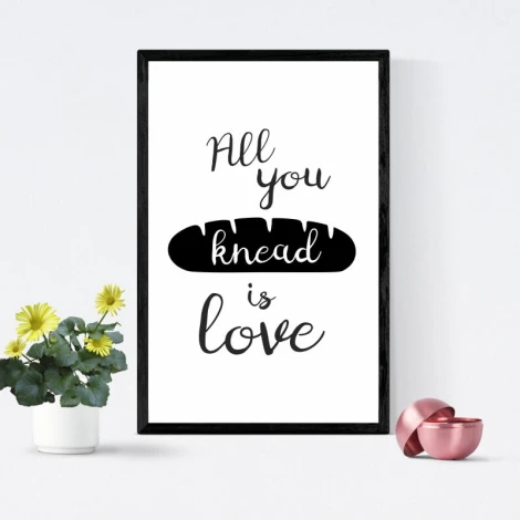 Plakat All you knead is love 249 - Wzór graficzny. Czarny napis na białym tle z motywem bochenka chleba