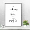 Plakat Cooking is love made visible 252 - Wzór graficzny. Tekst w czerni na białym tle, serce w środku, kwiat w doniczce
