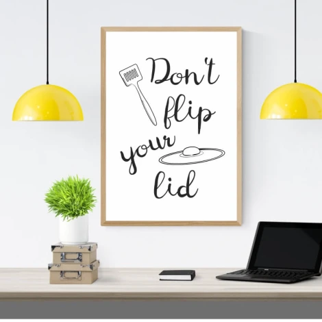 Plakat Dont flip your lid 238 - Wzór graficzny. Grafika przedstawia tekst w czerni oraz rysunek widelca i talerza