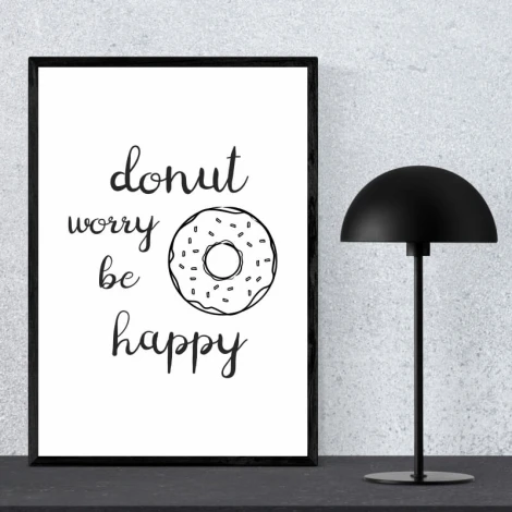 Plakat Donut worry be happy 251 - Wzór graficzny. Na białym tle widoczny jest napis oraz rysunek donuta