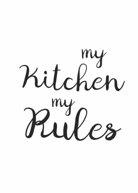 Plakat My kitchen my rules 250 - Wzór graficzny. Czarny tekst na białym tle, napis stylizowany na różne kroje pisma