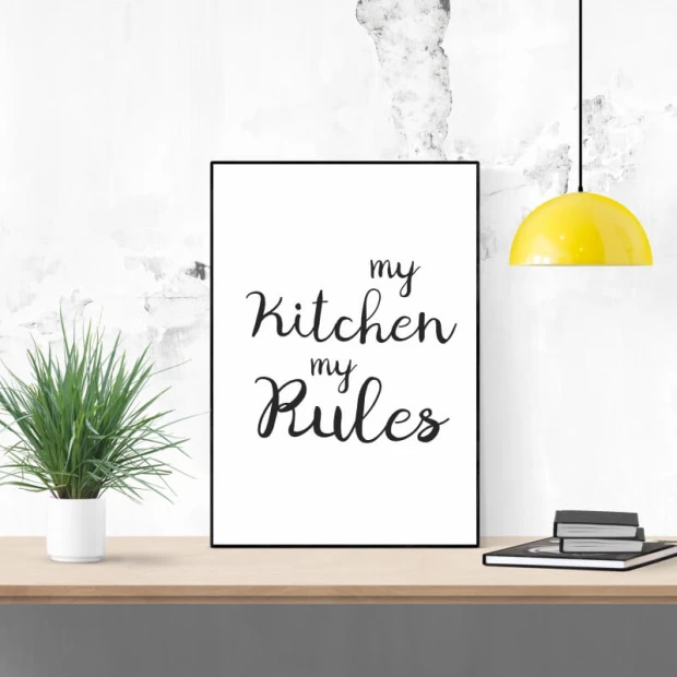 Plakat My kitchen my rules 250 - Wzór graficzny. Czarny tekst na białym tle, z napisem w dwóch stylach