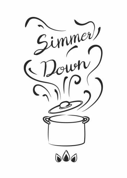 Plakat Simmer down 234 - Wzór graficzny. Grafika przedstawia garnek z pokrywką i unoszące się pary