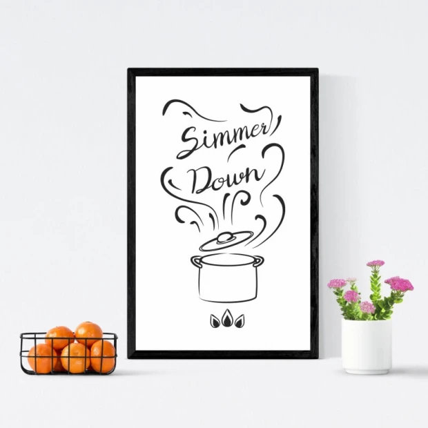 Plakat Simmer down 234 - Wzór graficzny. Czarny garnek z parą i napisem Simmer Down na białym tle