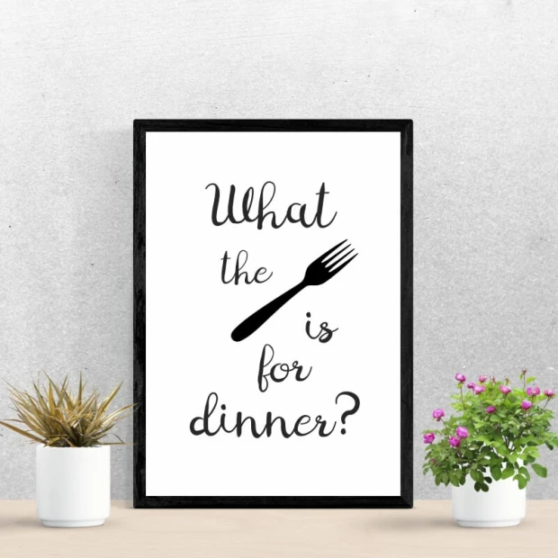 Plakat What the fork is for dinner 244 - Wzór graficzny. Czarny napis na białym tle z widelcem