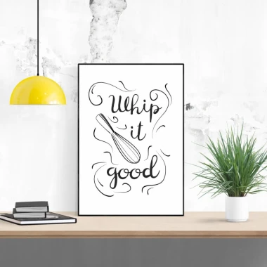 Plakat Whip it good 240 - Aranżacja w kuchni. Ściany w jasnym kolorze, minimalistyczne meble i roślina