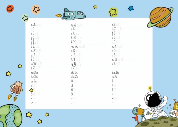 Tablica dla dzieci nauka pisania suchościeralna magnetyczna kosmos EDU 053 - Wzór graficzny. Na niebieskim tle znajdują się