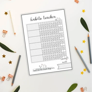 Tablica suchościeralna habits tracker 463 - Wzór graficzny. Prosta siatka z numerami dni, ozdobiona roślinnymi motywami