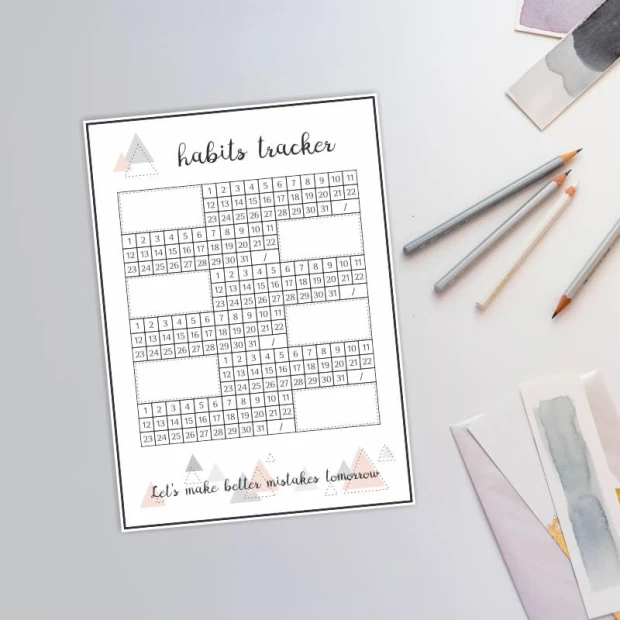 Tablica suchościeralna habits tracker 464 - Wzór graficzny. Grafika przedstawia siatkę z numerami dni oraz napisem. W rogach