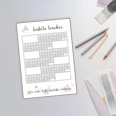 Tablica suchościeralna habits tracker 464 - Wzór graficzny. Grafika przedstawia siatkę z numerami dni oraz napisem. W rogach
