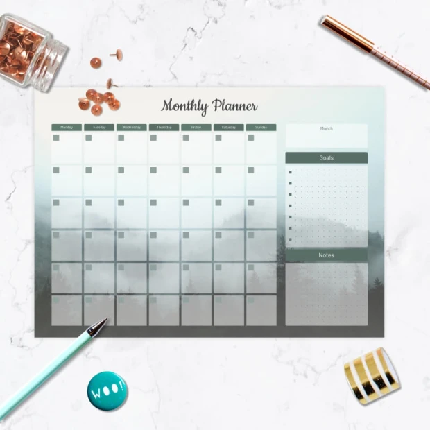 Tablica suchościeralna Monthly planner 466 - Wzór graficzny. Prosta siatka z polami na dni tygodnia oraz sekcje na cele