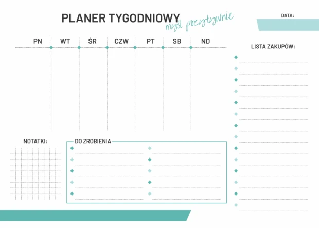 Tablica suchościeralna z nadrukiem planera tygodniowego, listy zakupów i notatek na białym tle
