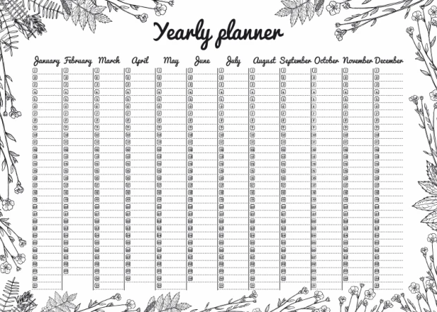 Tablica suchościeralna z nadrukiem Yearly planner w układzie rocznym z motywem roślinnym na białym tle
