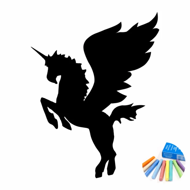 Naklejka kredowa dla dzieci unicorn 399 - Wzór graficzny. Czarny jednorożec z rozwiniętymi skrzydłami w dynamicznej pozycji