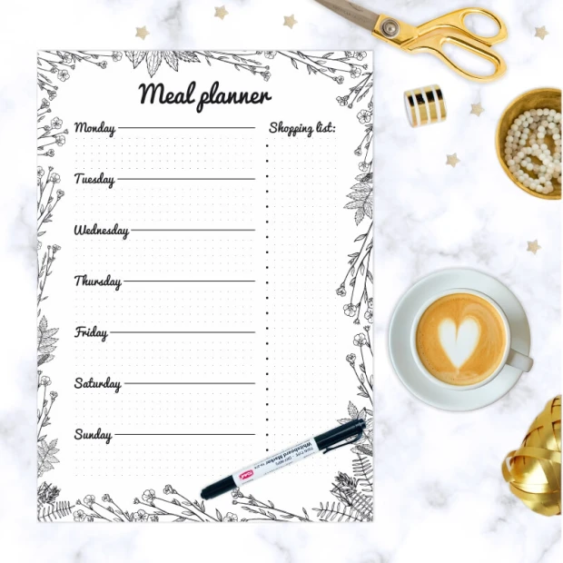 Tablica magnetyczna suchościeralna Meal planner 475 - Wzór graficzny. Grafika przedstawia listę dni tygodnia z ozdobnymi
